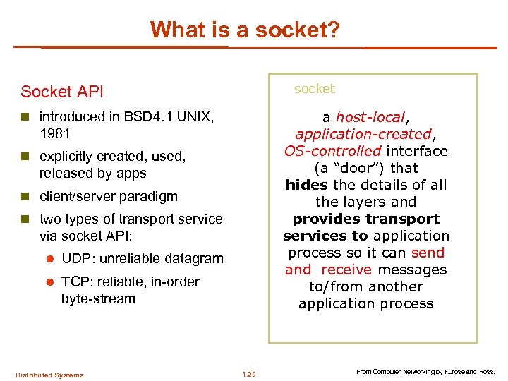 What is a socket? socket Socket API a host-local, application-created, OS-controlled interface (a “door”)