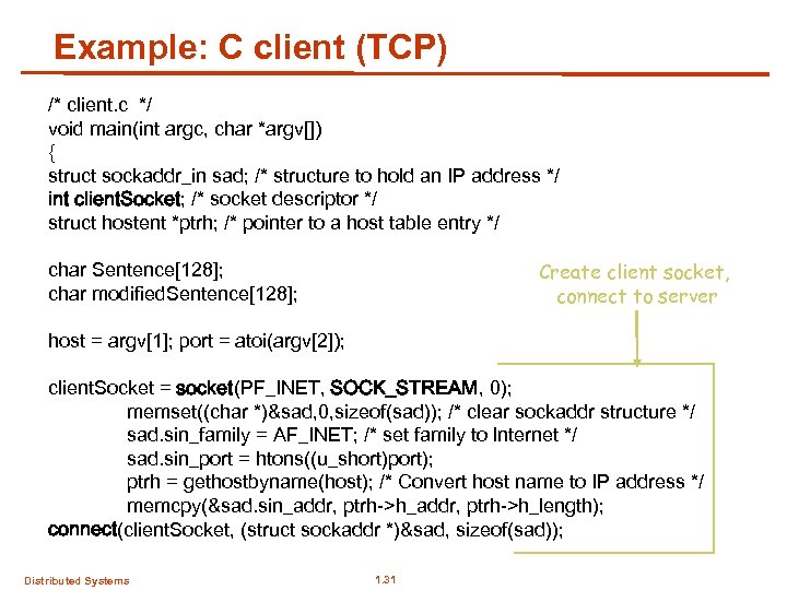 Example: C client (TCP) /* client. c */ void main(int argc, char *argv[]) {