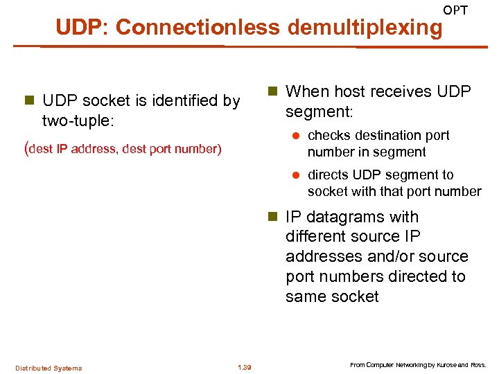 OPT UDP: Connectionless demultiplexing n UDP socket is identified by two-tuple: n When host