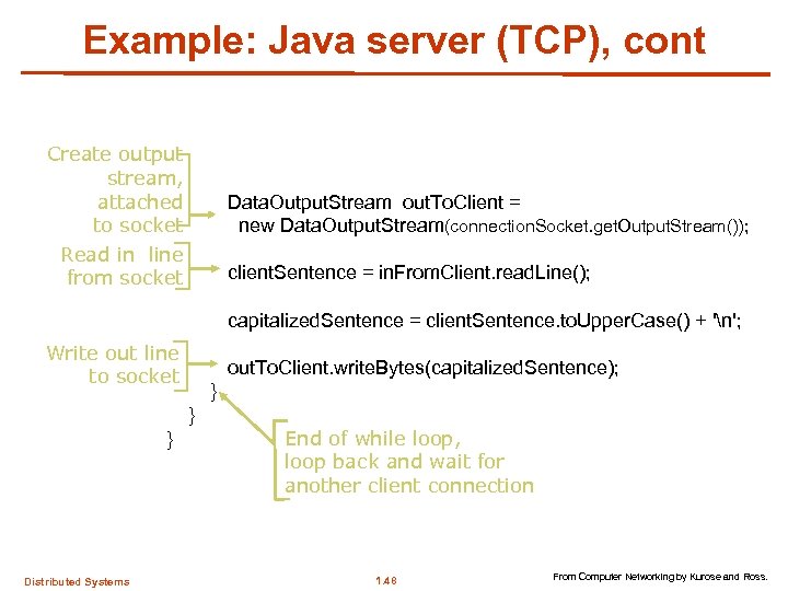 Example: Java server (TCP), cont Create output stream, attached Data. Output. Stream out. To.