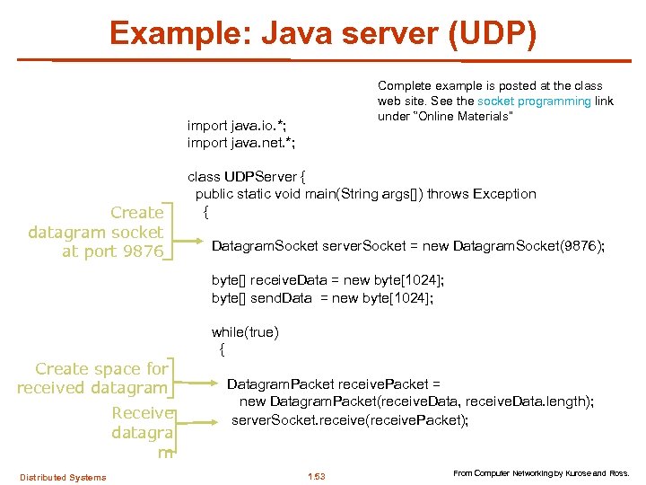 Example: Java server (UDP) Complete example is posted at the class web site. See
