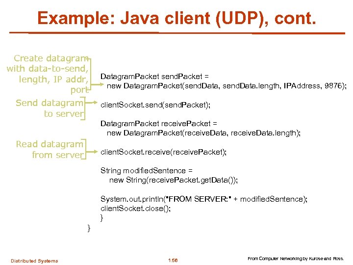 Example: Java client (UDP), cont. Create datagram with data-to-send, length, IP addr, Datagram. Packet