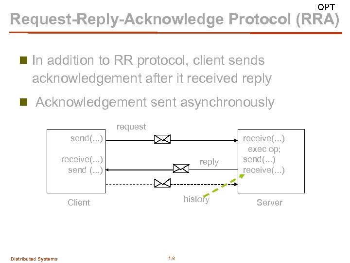OPT Request-Reply-Acknowledge Protocol (RRA) n In addition to RR protocol, client sends acknowledgement after