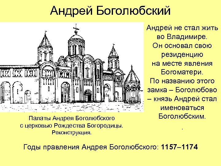 Андрей Боголюбский Палаты Андрея Боголюбского с церковью Рождества Богородицы. Реконструкция. Андрей не стал жить