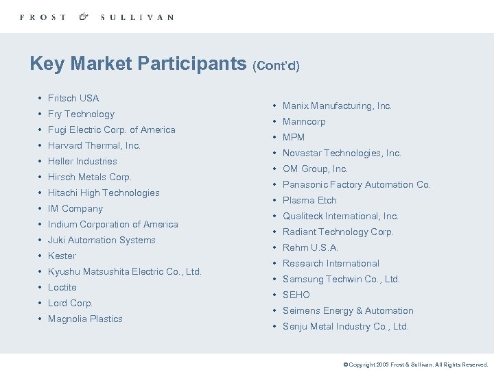 Key Market Participants (Cont’d) • Fritsch USA • Fry Technology • Fugi Electric Corp.