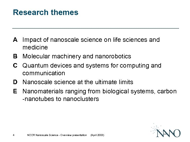 Research themes A Impact of nanoscale science on life sciences and medicine B Molecular