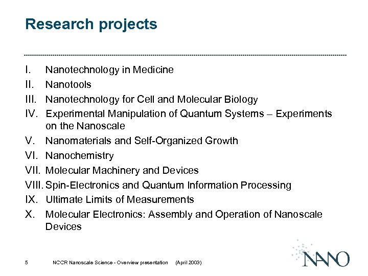 Research projects I. III. IV. Nanotechnology in Medicine Nanotools Nanotechnology for Cell and Molecular