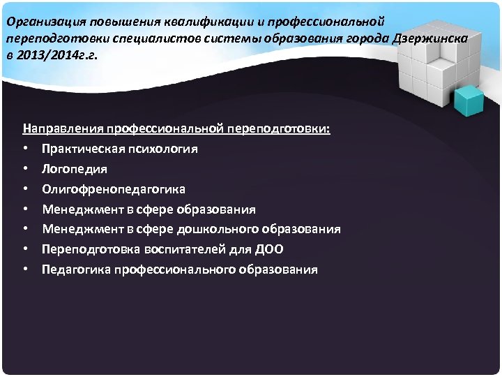 Организация повышения квалификации и профессиональной переподготовки специалистов системы образования города Дзержинска в 2013/2014 г.