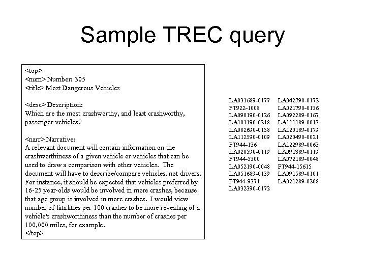 Sample TREC query <top> <num> Number: 305 <title> Most Dangerous Vehicles <desc> Description: Which
