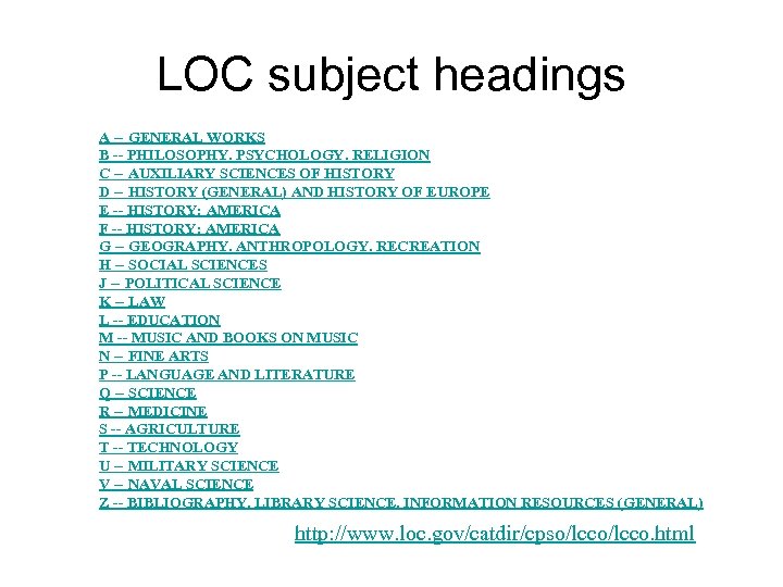 LOC subject headings A -- GENERAL WORKS B -- PHILOSOPHY. PSYCHOLOGY. RELIGION C --