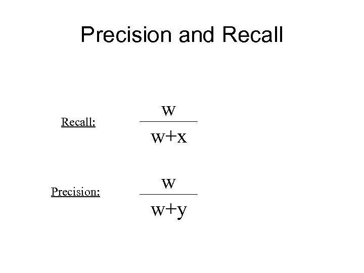 Precision and Recall: w w+x Precision: w w+y 