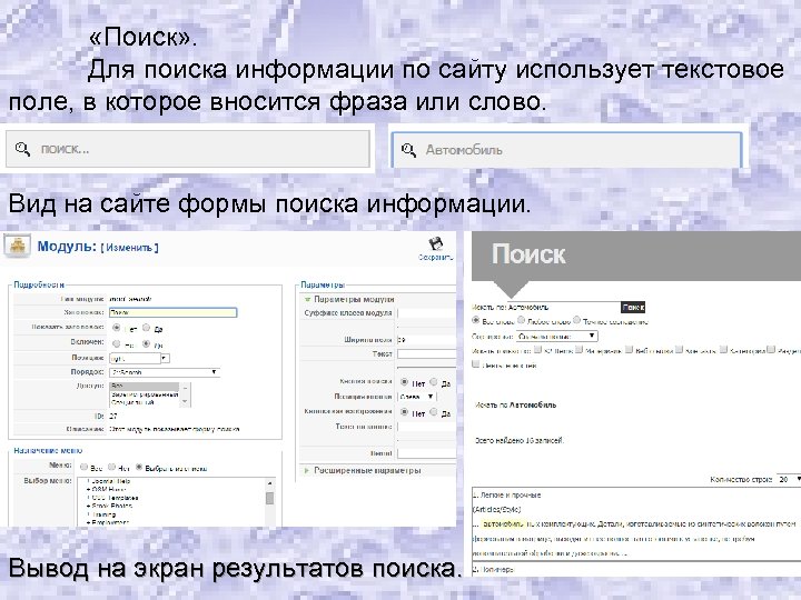  «Поиск» . Для поиска информации по сайту использует текстовое поле, в которое вносится