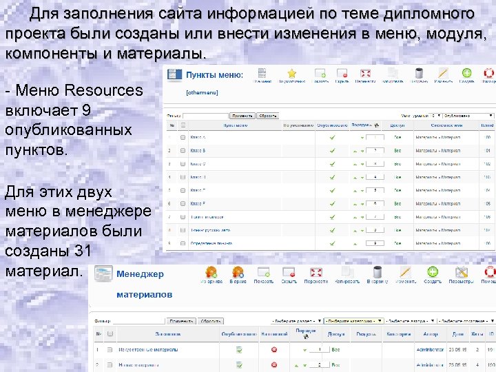 Для заполнения сайта информацией по теме дипломного проекта были созданы или внести изменения в