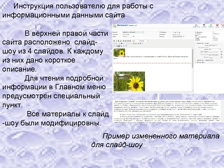 Инструкция пользователю для работы с информационными данными сайта В верхней правой части сайта расположено