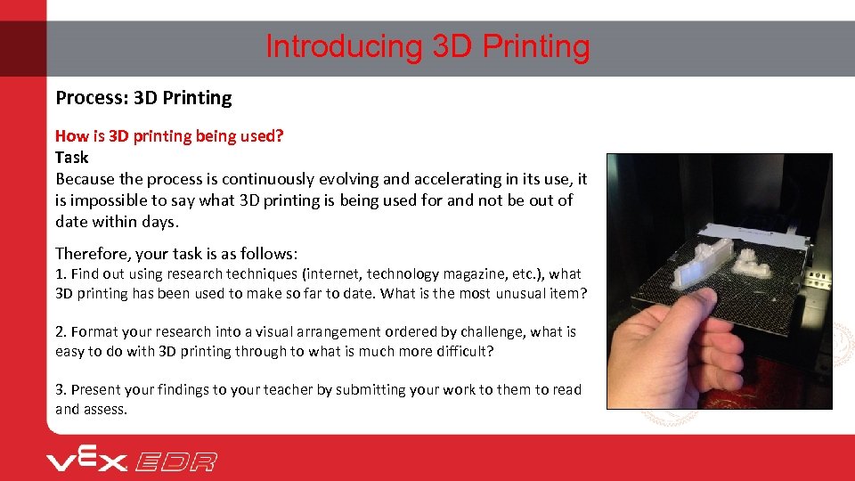 Introducing 3 D Printing Process: 3 D Printing How is 3 D printing being