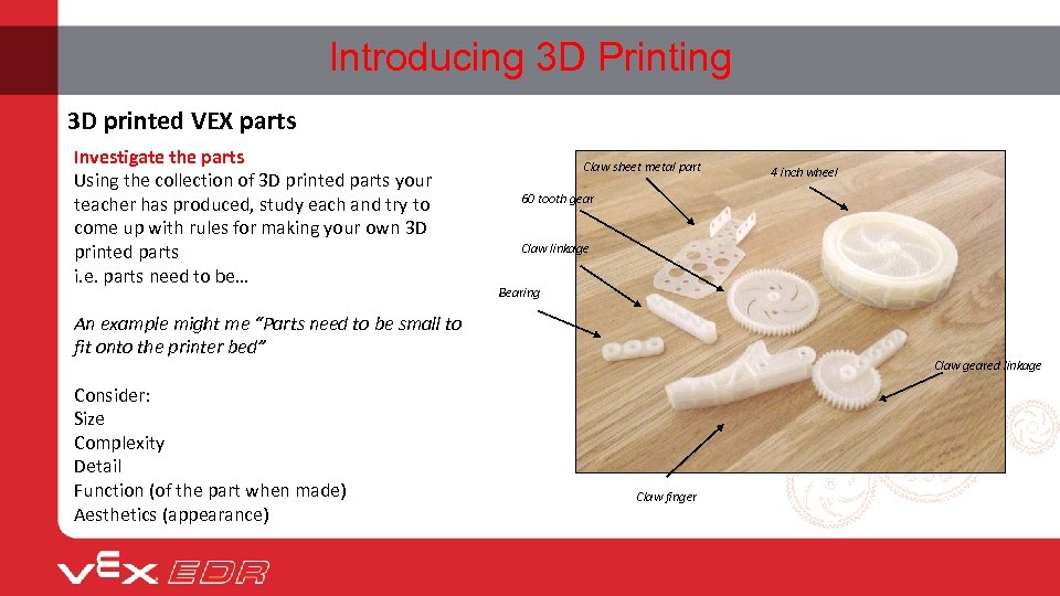 Introducing 3 D Printing 3 D printed VEX parts Investigate the parts Using the