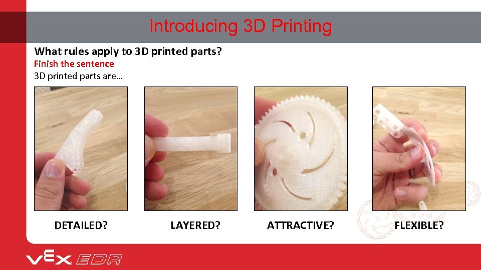 Introducing 3 D Printing What rules apply to 3 D printed parts? Finish the