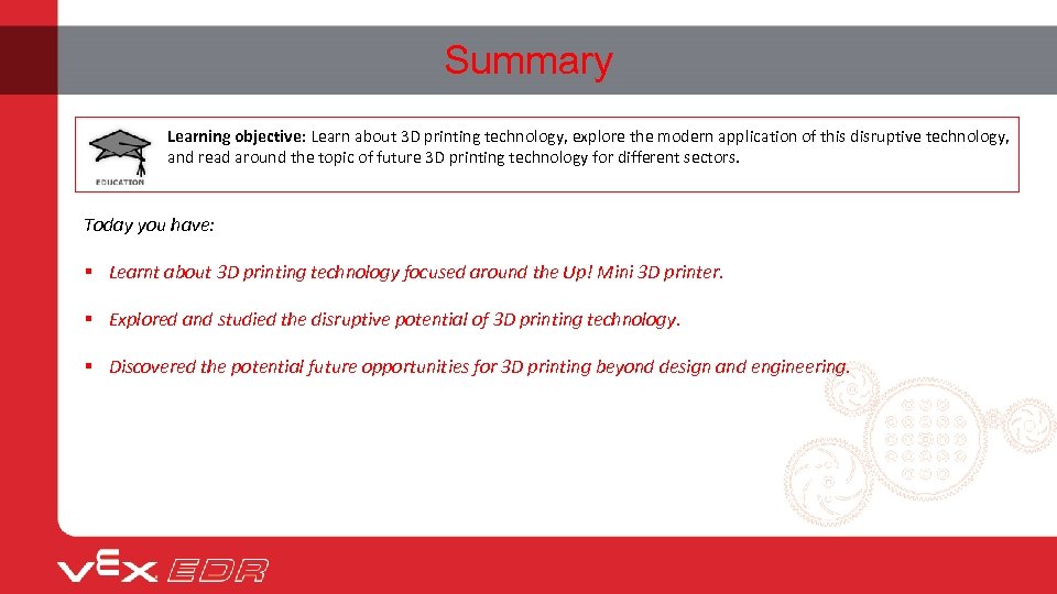 Summary Learning objective: Learn about 3 D printing technology, explore the modern application of