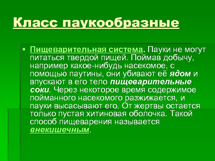 Класс паукообразные § Пищеварительная система. Пауки не могут питаться твердой пищей. Поймав добычу, например