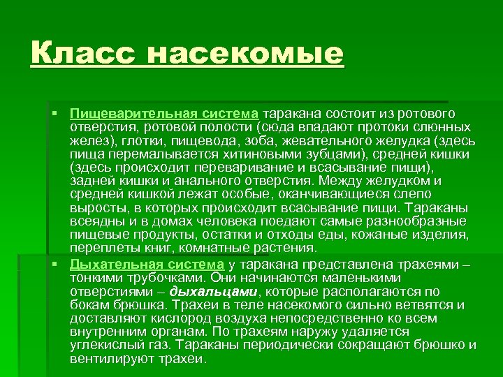 Класс насекомые § Пищеварительная система таракана состоит из ротового отверстия, ротовой полости (сюда впадают