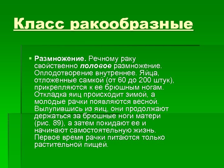 Класс ракообразные § Размножение. Речному раку свойственно половое размножение. Оплодотворение внутреннее. Яйца, отложенные самкой