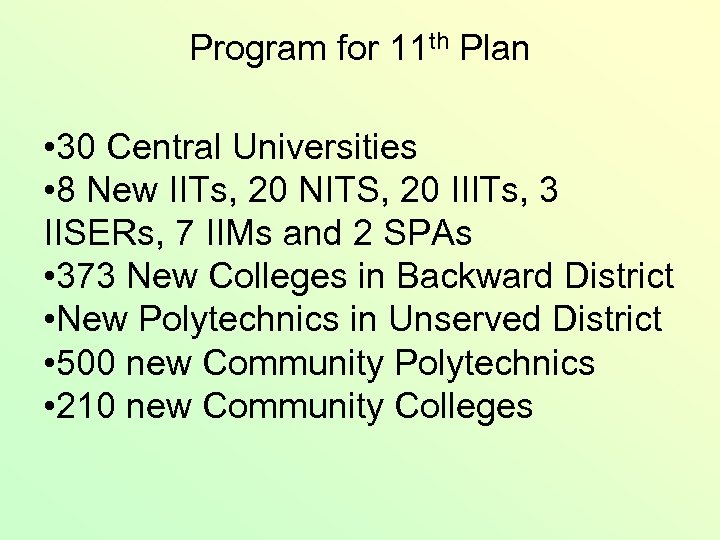 Program for 11 th Plan • 30 Central Universities • 8 New IITs, 20