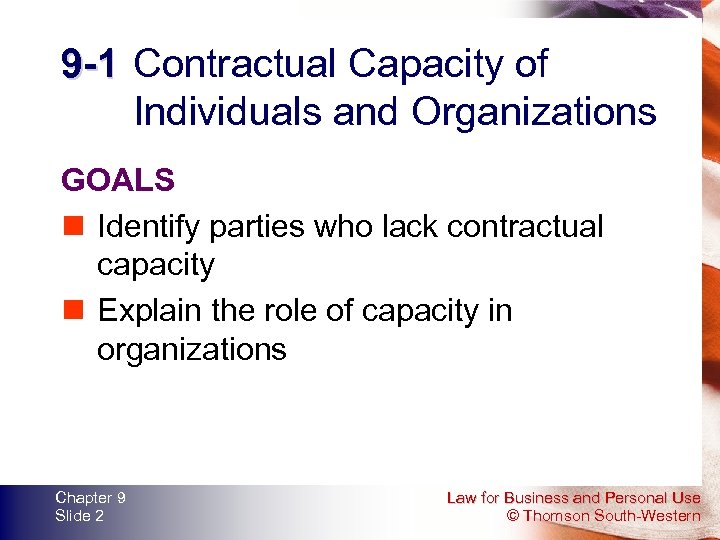 9 -1 Contractual Capacity of Individuals and Organizations GOALS n Identify parties who lack