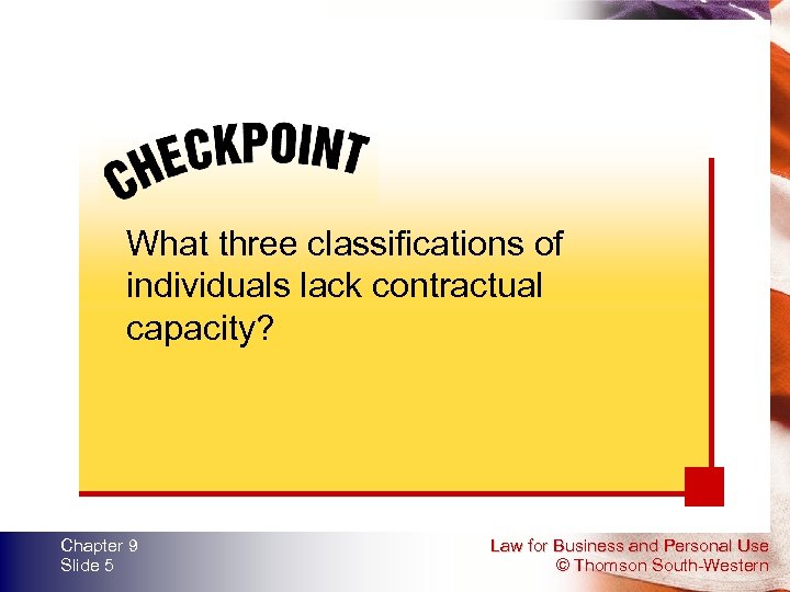What three classifications of individuals lack contractual capacity? Chapter 9 Slide 5 Law for