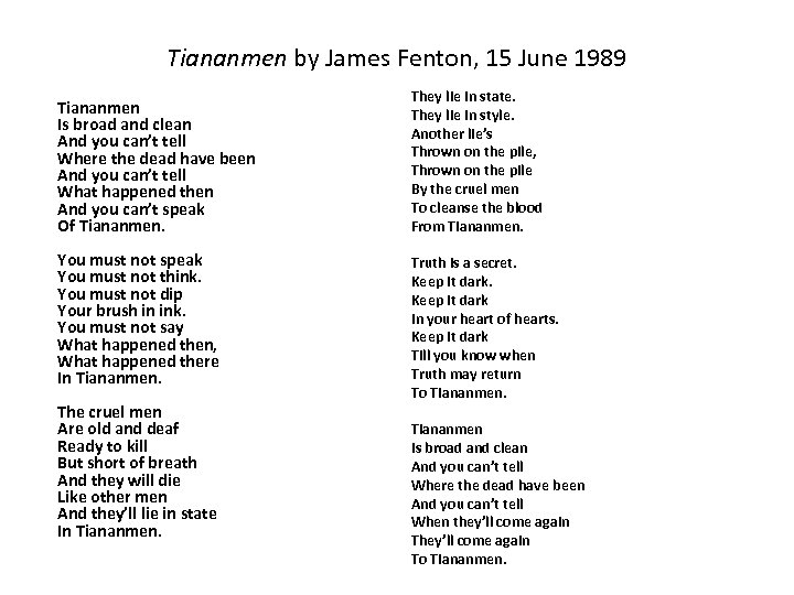 Tiananmen by James Fenton, 15 June 1989 Tiananmen Is broad and clean And you