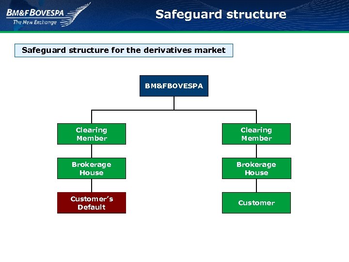 Safeguard structure for the derivatives market BM&FBOVESPA Clearing Member Brokerage House Customer’s Costumer Default