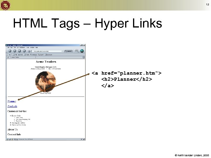 12 HTML Tags – Hyper Links <a href="planner. htm"> <h 2>Planner</h 2> </a> ©