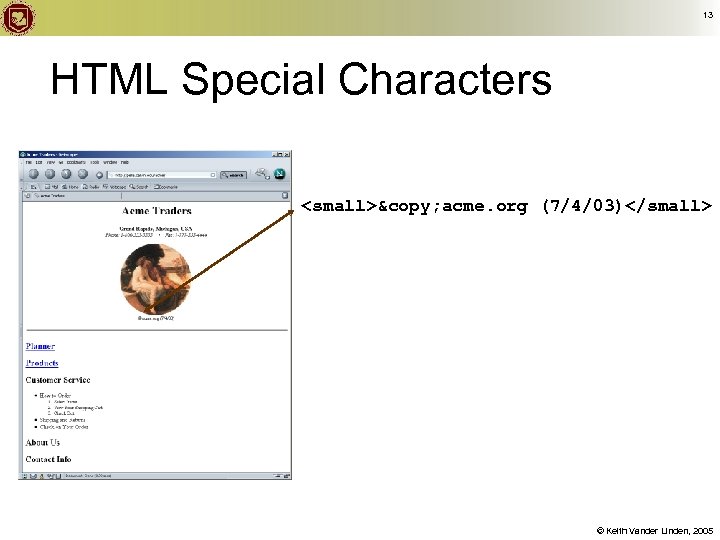 13 HTML Special Characters <small>© acme. org (7/4/03)</small> © Keith Vander Linden, 2005 