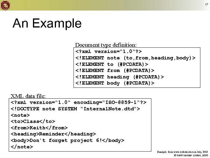 17 An Example Document type definition: <? xml version="1. 0"? > <!ELEMENT note (to,