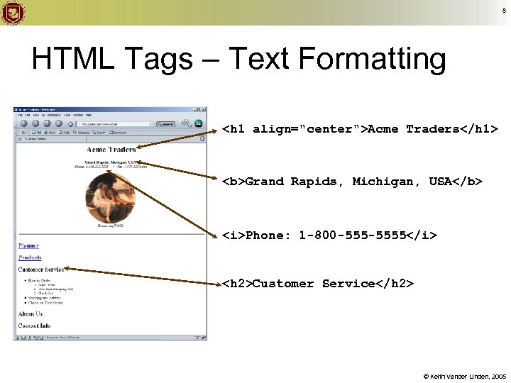 8 HTML Tags – Text Formatting <h 1 align="center">Acme Traders</h 1> <b>Grand Rapids, Michigan,