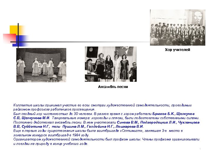 Хор учителей Ансамбль песни Коллектив школы принимал участие во всех смотрах художественной самодеятельности, проводимых