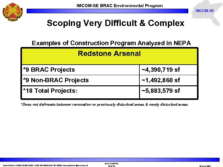 IMCOM-SE BRAC Environmental Program IMCOM-SE Scoping Very Difficult & Complex Examples of Construction Program