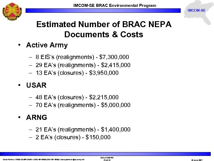 IMCOM-SE BRAC Environmental Program IMCOM-SE Estimated Number of BRAC NEPA Documents & Costs •