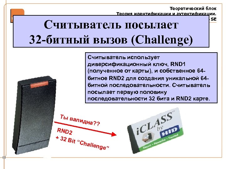 Теоретический блок Теория идентификации и аутентификации. Взаимодействие считывателя и карты i. CLASS SE Считыватель