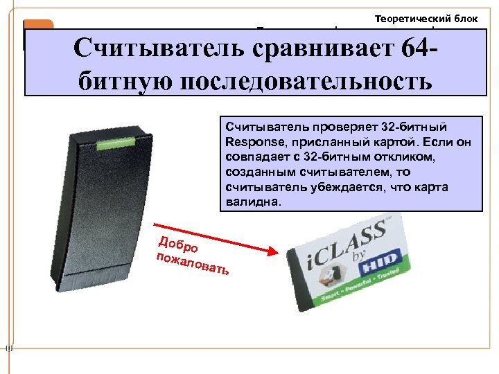Теоретический блок Теория идентификации и аутентификации. Взаимодействие считывателя и карты i. CLASS SE Считыватель
