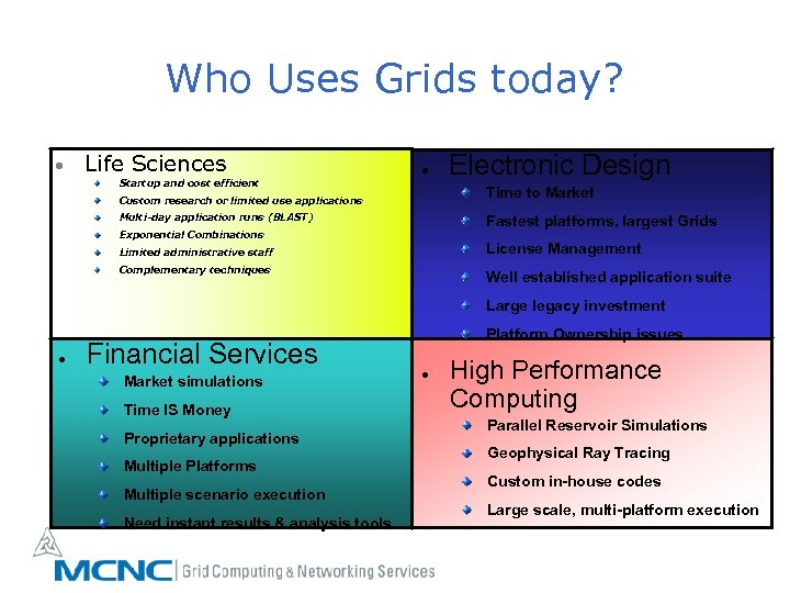 Who Uses Grids today? • Life Sciences Startup and cost efficient ● Electronic Design