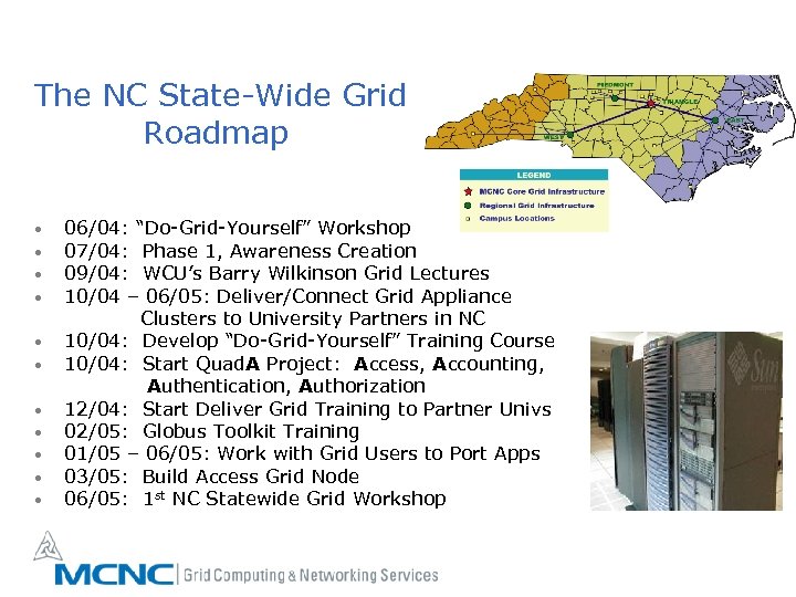 The NC State-Wide Grid Roadmap • • • 06/04: “Do-Grid-Yourself” Workshop 07/04: Phase 1,