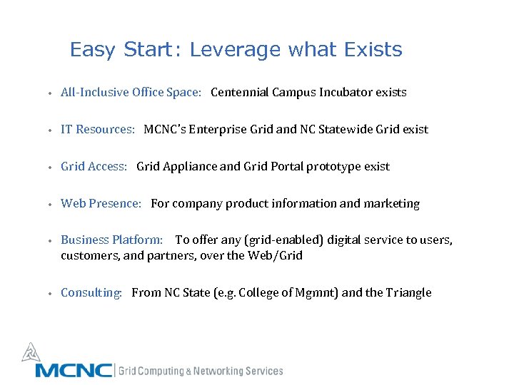 Easy Start: Leverage what Exists • All-Inclusive Office Space: Centennial Campus Incubator exists •