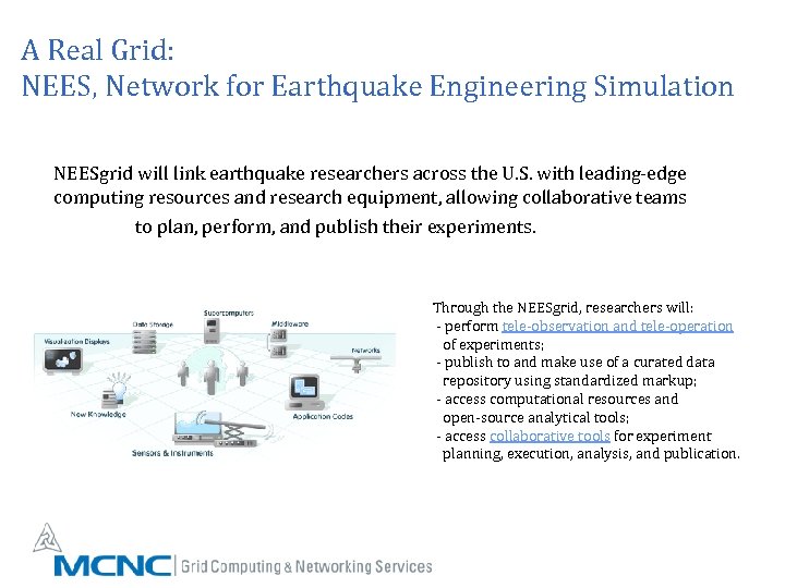 A Real Grid: NEES, Network for Earthquake Engineering Simulation NEESgrid will link earthquake researchers