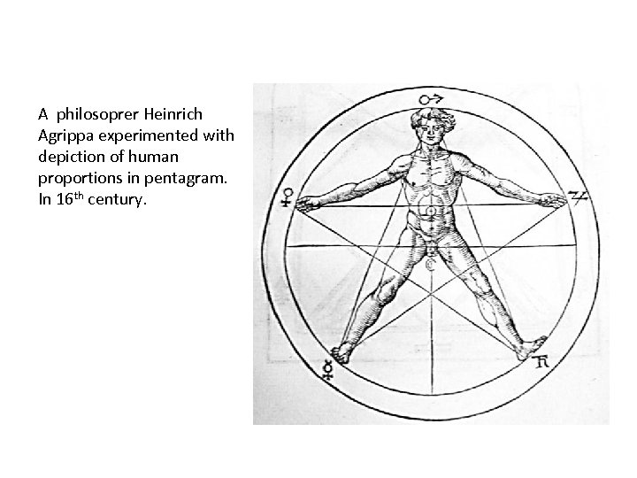 A philosoprer Heinrich Agrippa experimented with depiction of human proportions in pentagram. In 16