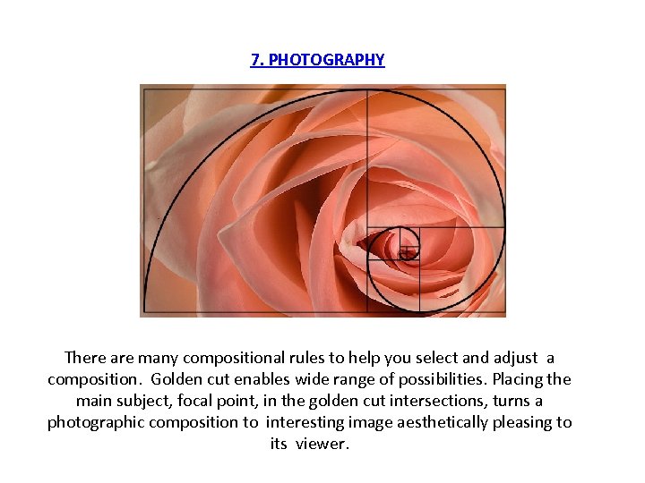 7. PHOTOGRAPHY There are many compositional rules to help you select and adjust a