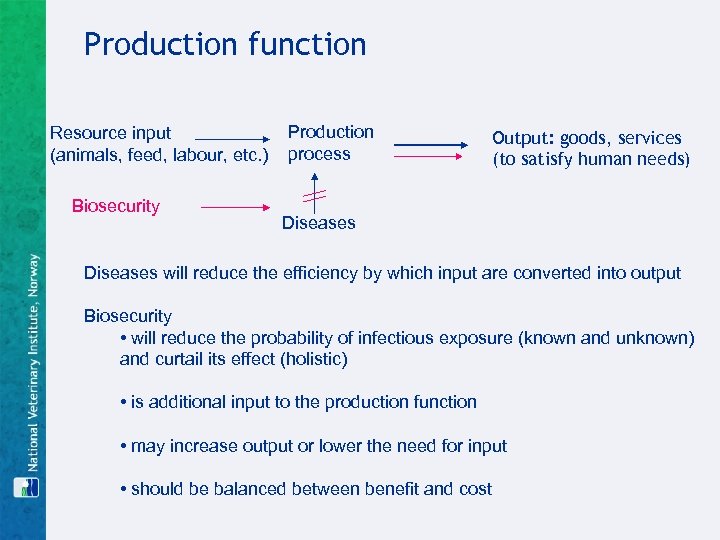 Production function Resource input (animals, feed, labour, etc. ) Biosecurity Production process Output: goods,