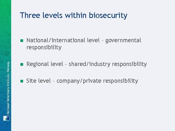 Three levels within biosecurity n National/international level – governmental responsibility n Regional level –