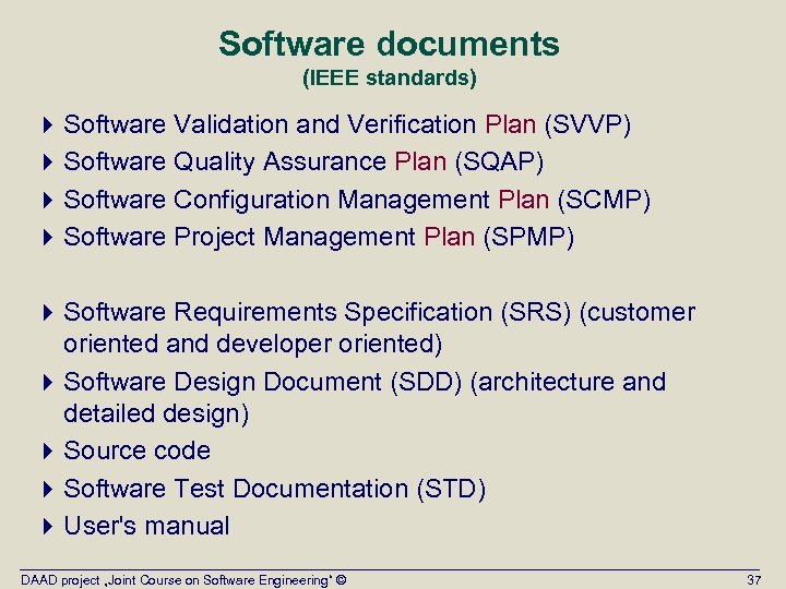 Software documents (IEEE standards) 4 Software Validation and Verification Plan (SVVP) 4 Software Quality