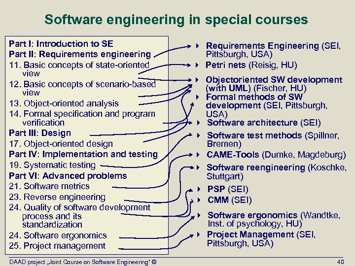 Software engineering in special courses Part I: Introduction to SE Part II: Requirements engineering