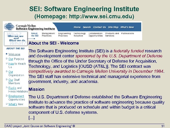 SEI: Software Engineering Institute (Homepage: http: //www. sei. cmu. edu) About the SEI -